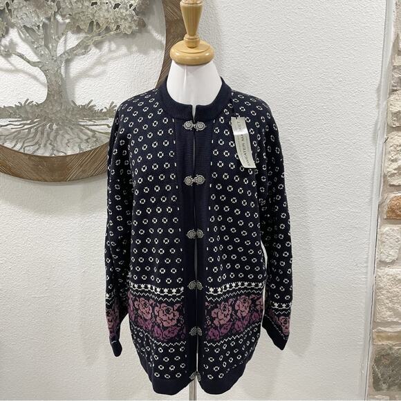 NWT Handknitted Sweater Market Denmark Wool Cardigan Pewter Clasps Navy XL - Picture 1 of 7